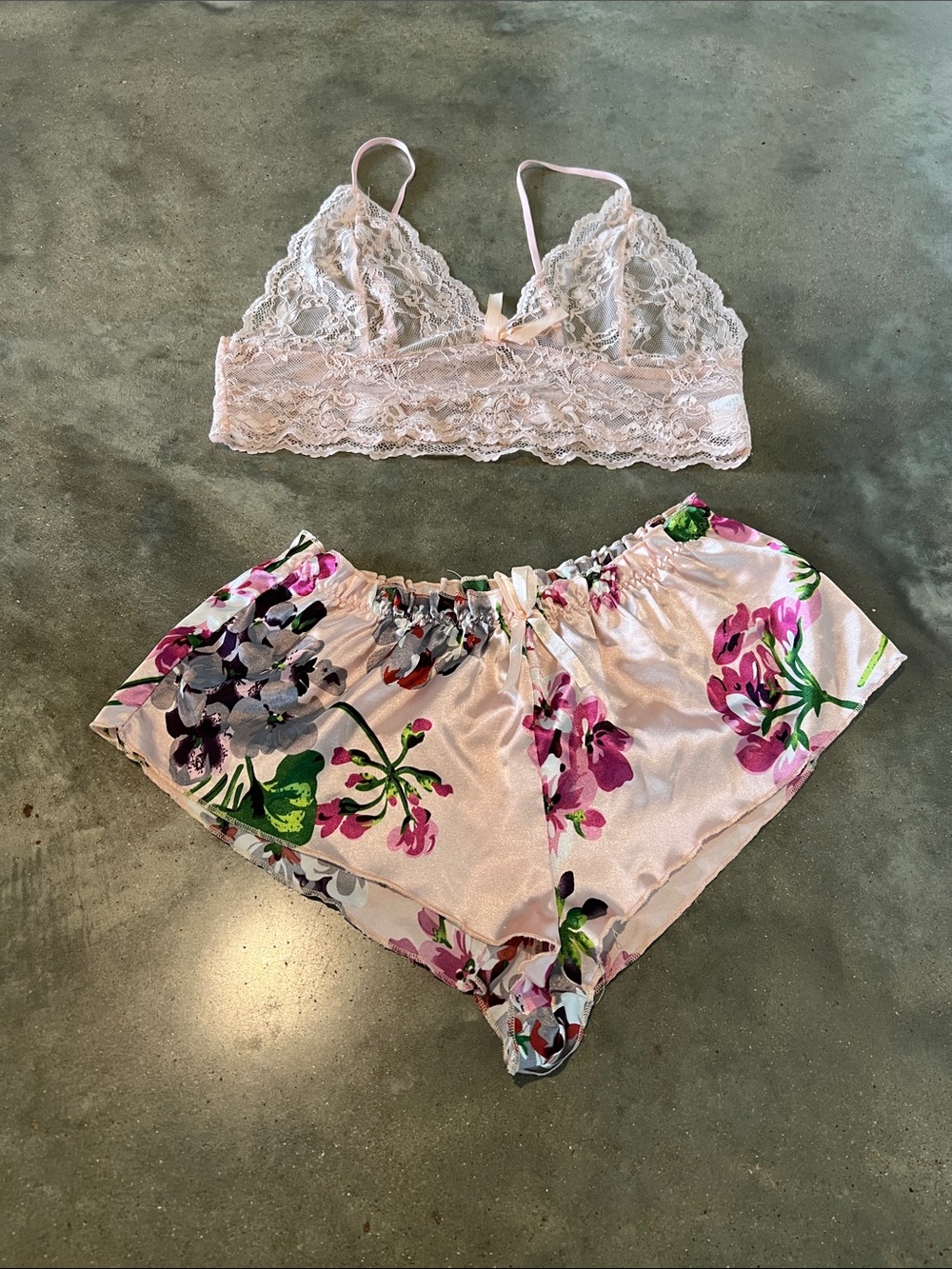 Lace Bralette & Floral Satin Shorts Sleep Set - Blush Pink